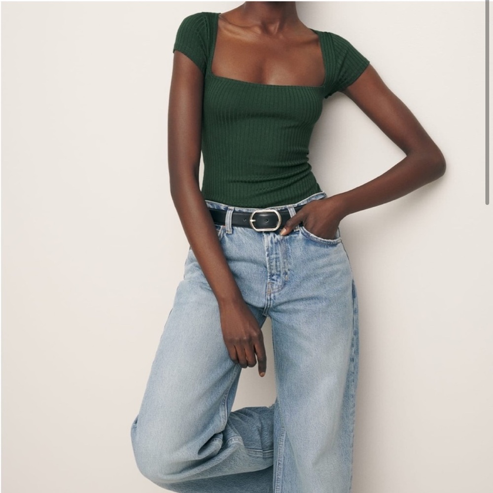 Reformation Square Neck Ribbed Top Green Size M